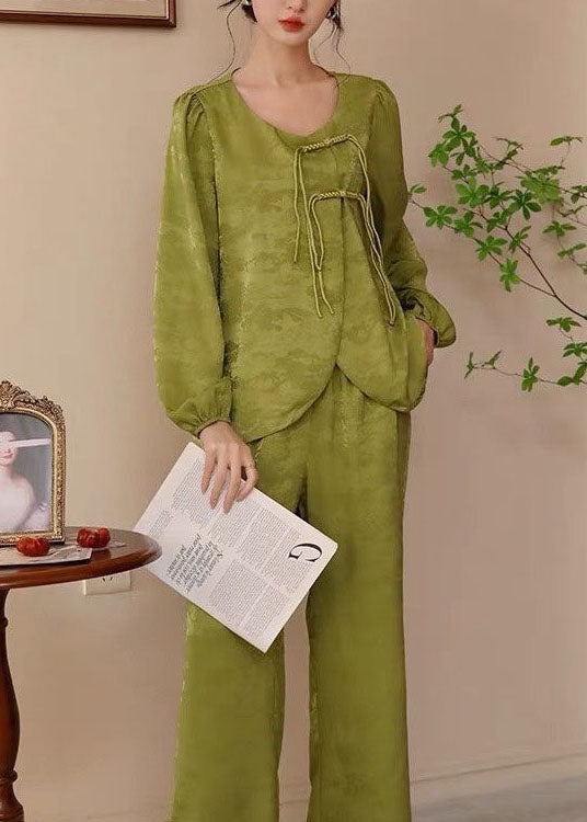Chinese Style Green Tasseled Patchwork Ice Silk Pajamas Two Pieces Set Spring LY2756