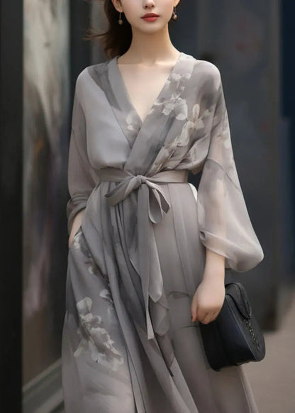 Chinese Style Grey V Neck Print Tie Waist Patchwork Chiffon Dress Fall Ada Fashion