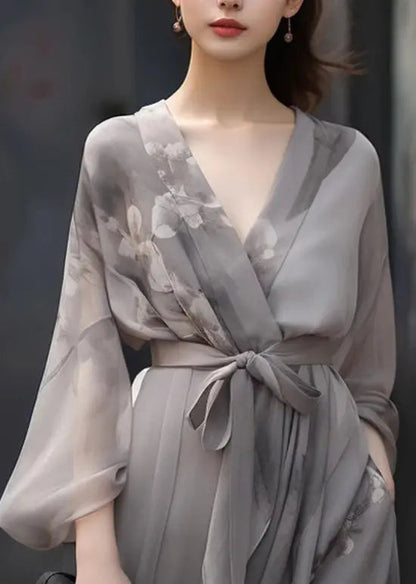 Chinese Style Grey V Neck Print Tie Waist Patchwork Chiffon Dress Fall Ada Fashion