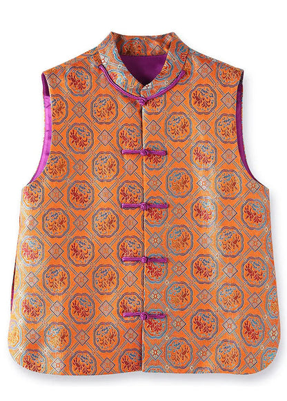 Chinese Style Orange Embroidered Button Patchwork Silk Waistcoat Fall Ada Fashion