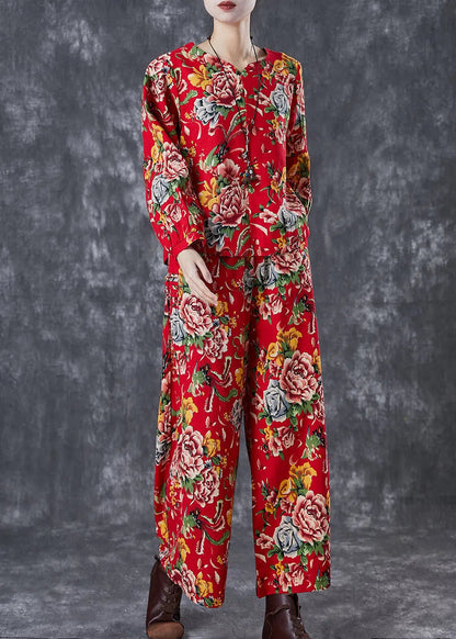 Chinese Style Red Print Oriental Linen Women Two Piece Set Fall Ada Fashion