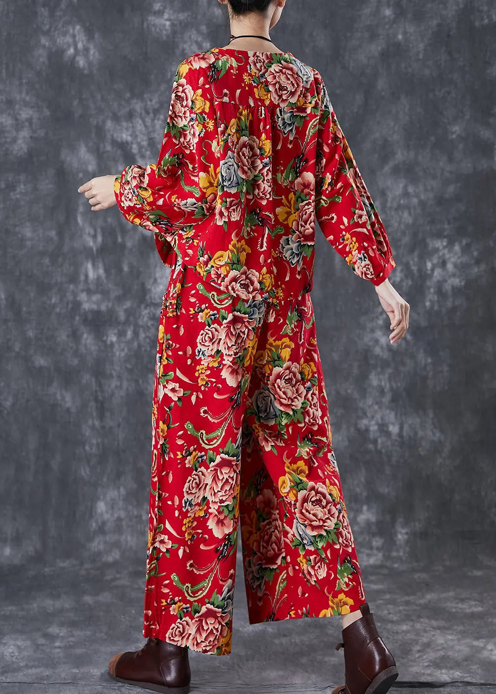 Chinese Style Red Print Oriental Linen Women Two Piece Set Fall Ada Fashion