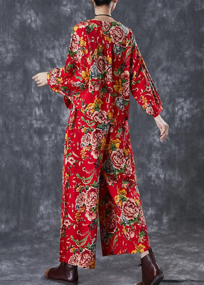 Chinese Style Red Print Oriental Linen Women Two Piece Set Fall Ada Fashion