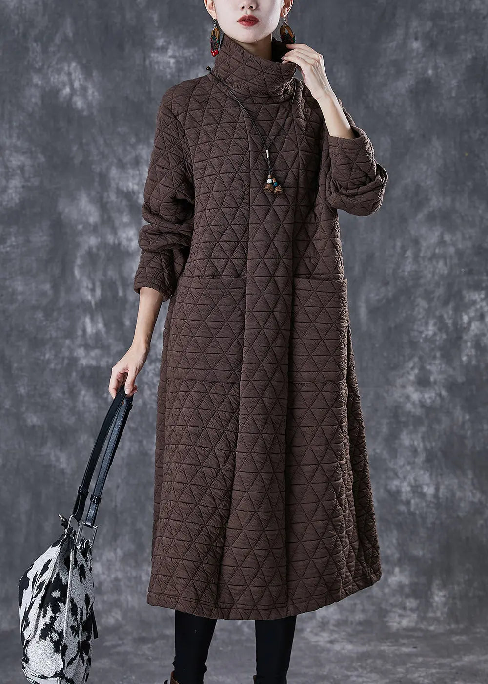 Chocolate Fine Cotton Filled Maxi Dresses Turtle Neck Winter Ada Fashion