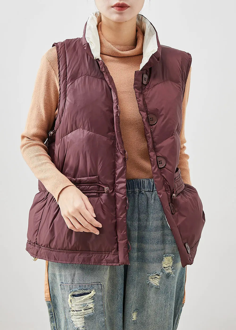 Chocolate Thick Duck Down Vest Tops Drawstring Pockets Winter Ada Fashion