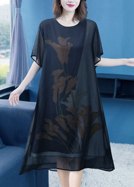 Classy Black O Neck Print Patchwork Chiffon Dress Summer Ada Fashion
