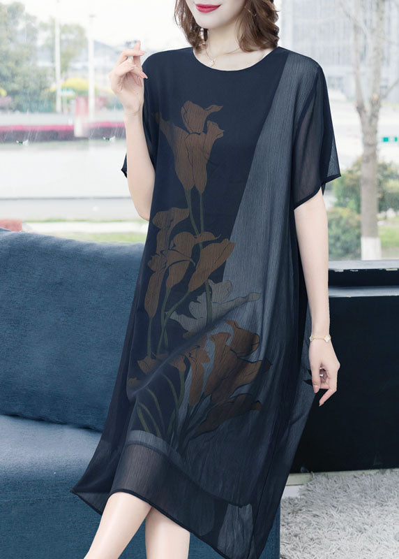 Classy Black O Neck Print Patchwork Chiffon Dress Summer Ada Fashion