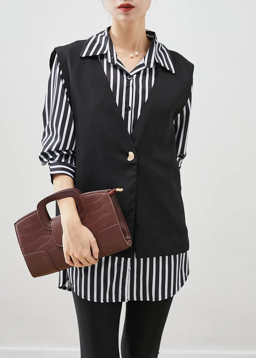 Classy Black Oversized Striped Cotton Vest And Shirt Two Piece Set Fall Ada Fashion