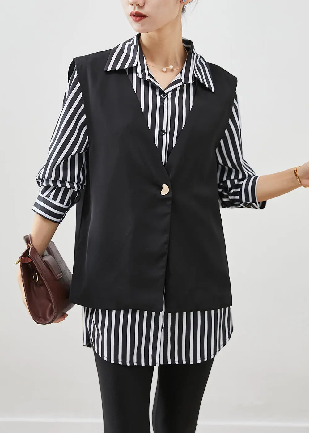 Classy Black Oversized Striped Cotton Vest And Shirt Two Piece Set Fall Ada Fashion