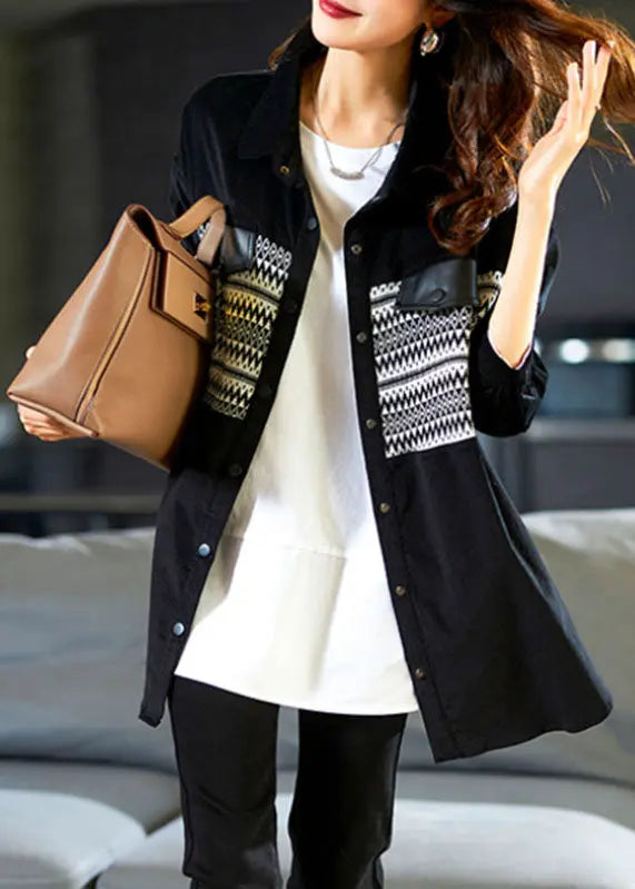 Classy Black Peter Pan Collar Print Button Corduroy Shirt Long Sleeve Ada Fashion