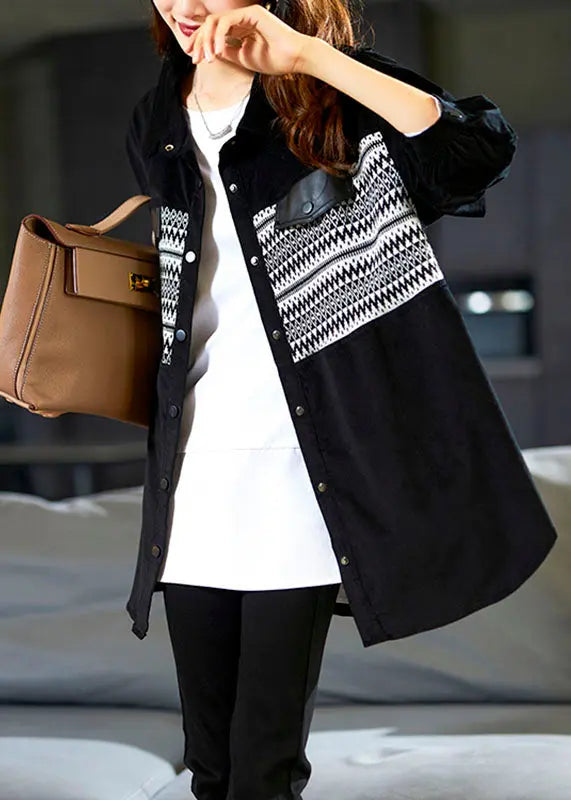 Classy Black Peter Pan Collar Print Button Corduroy Shirt Long Sleeve Ada Fashion