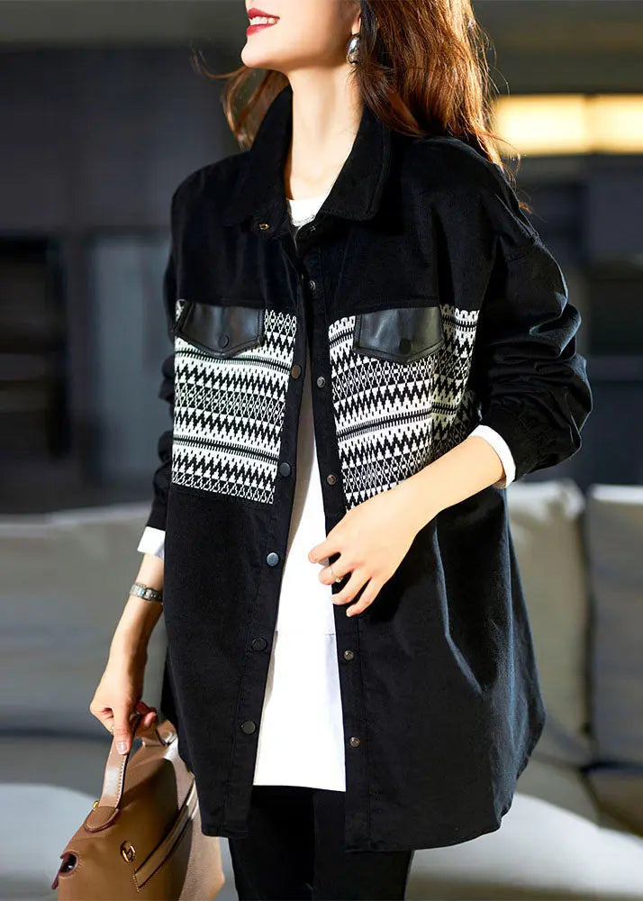 Classy Black Peter Pan Collar Print Button Corduroy Shirt Long Sleeve Ada Fashion