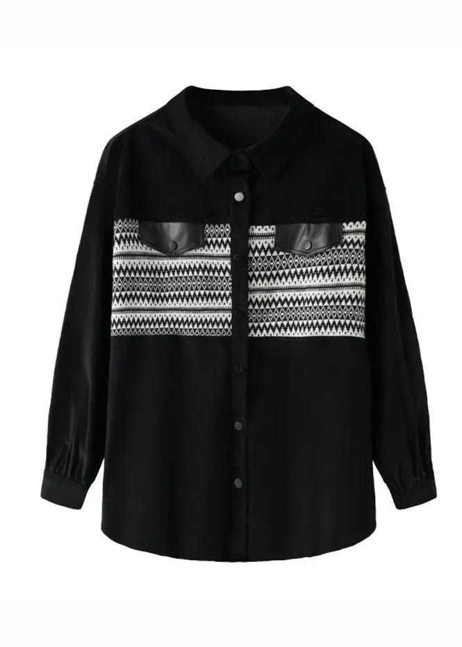 Classy Black Peter Pan Collar Print Button Corduroy Shirt Long Sleeve Ada Fashion