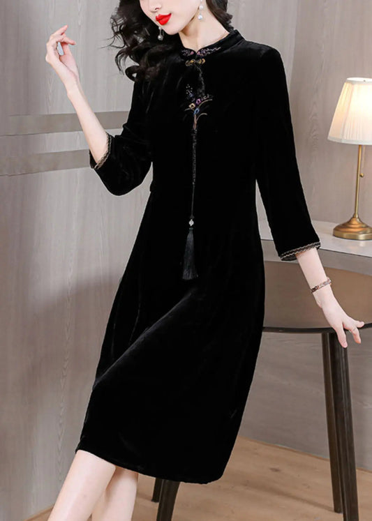 Classy Black Stand Collar Embroidered Floral Silk Velour Maxi Dress Fall Ada Fashion