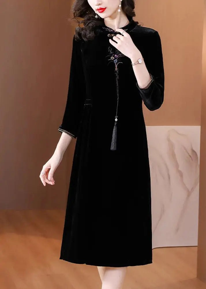 Classy Black Stand Collar Embroidered Floral Silk Velour Maxi Dress Fall Ada Fashion