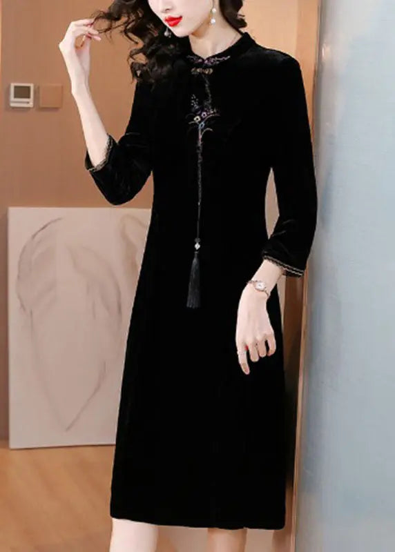 Classy Black Stand Collar Embroidered Floral Silk Velour Maxi Dress Fall Ada Fashion