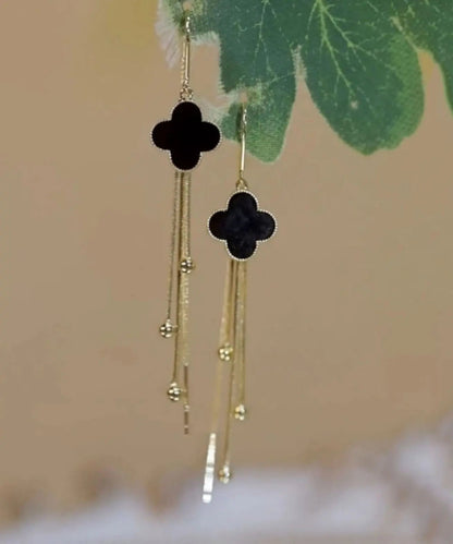 Classy Black Sterling Silver Black Agate Four Leaf Grass Tassel Drop Earrings Ada Fashion