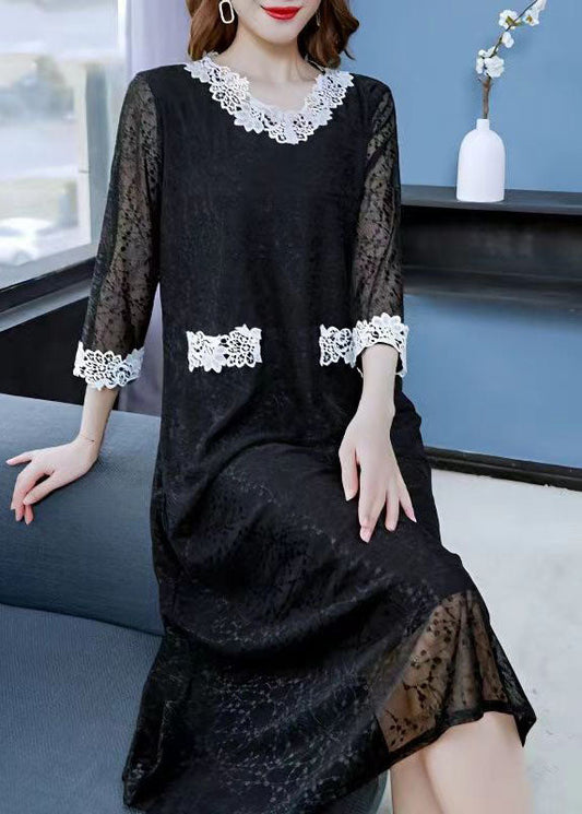 Classy Black V Neck Patchwork Lace Long Dresses Summer Ada Fashion