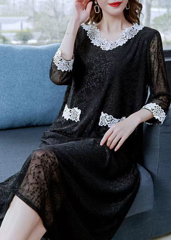 Classy Black V Neck Patchwork Lace Long Dresses Summer Ada Fashion