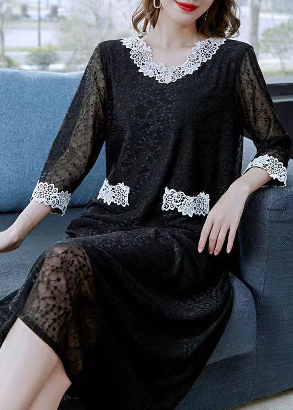 Classy Black V Neck Patchwork Lace Long Dresses Summer Ada Fashion