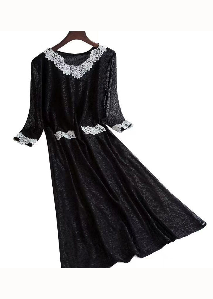 Classy Black V Neck Patchwork Lace Long Dresses Summer Ada Fashion