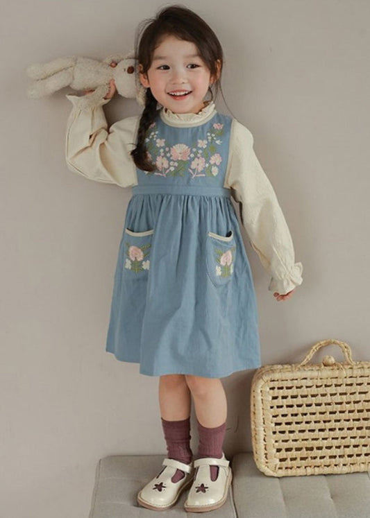 Classy Blue Embroideried Pockets Patchwork Cotton Girls Two Pieces Set Fall Ada Fashion