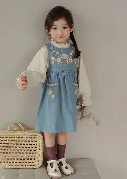 Classy Blue Embroideried Pockets Patchwork Cotton Girls Two Pieces Set Fall Ada Fashion