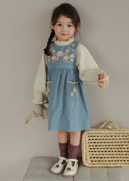 Classy Blue Embroideried Pockets Patchwork Cotton Girls Two Pieces Set Fall Ada Fashion