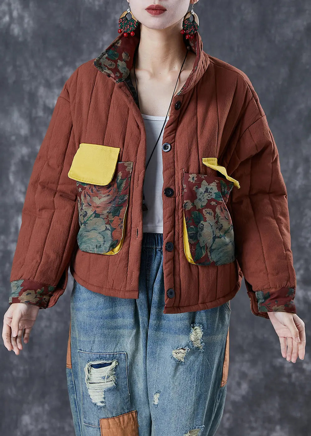 Classy Brick Red Oversized Patchwork Fine Cotton Filled Witner Coat Ada Fashion
