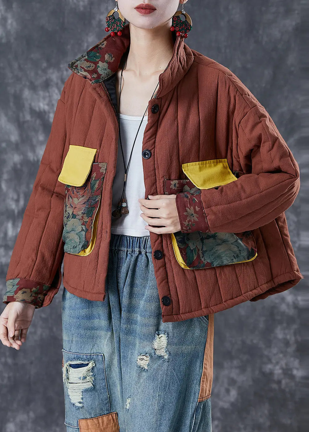Classy Brick Red Oversized Patchwork Fine Cotton Filled Witner Coat Ada Fashion