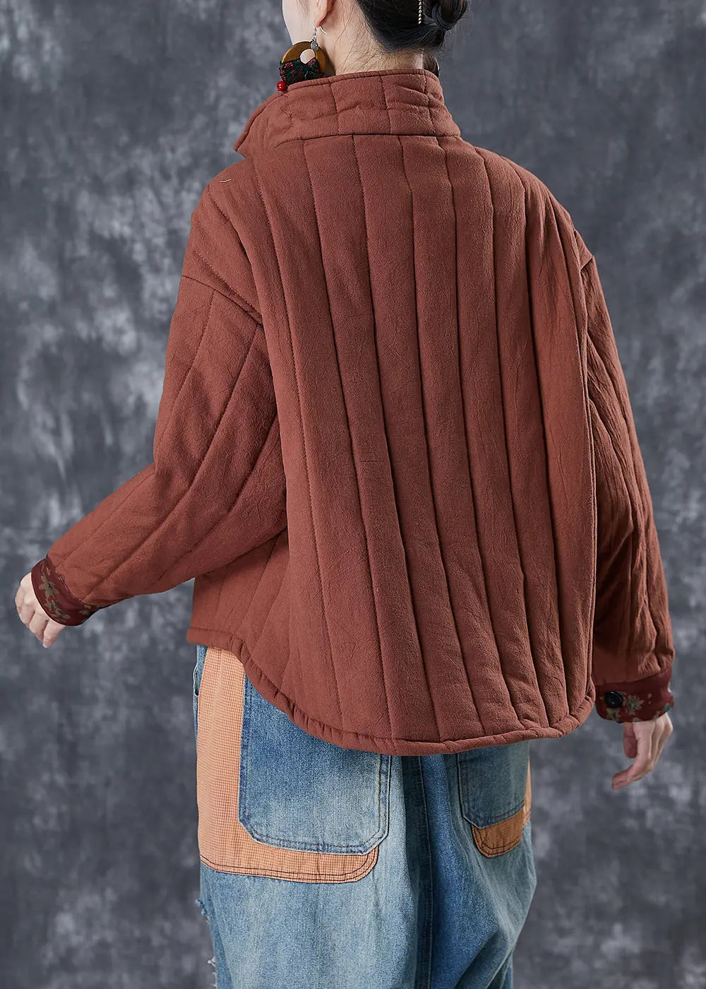 Classy Brick Red Oversized Patchwork Fine Cotton Filled Witner Coat Ada Fashion