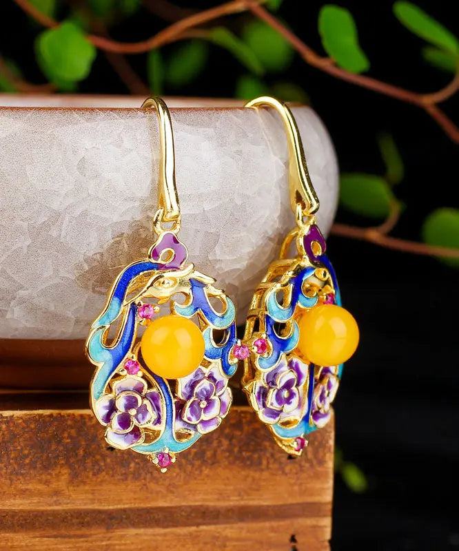 Classy Colorblock Sterling Silver Inlaid Beeswax Floral Drop Earrings Ada Fashion