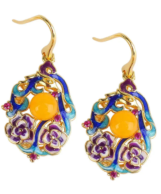 Classy Colorblock Sterling Silver Inlaid Beeswax Floral Drop Earrings Ada Fashion