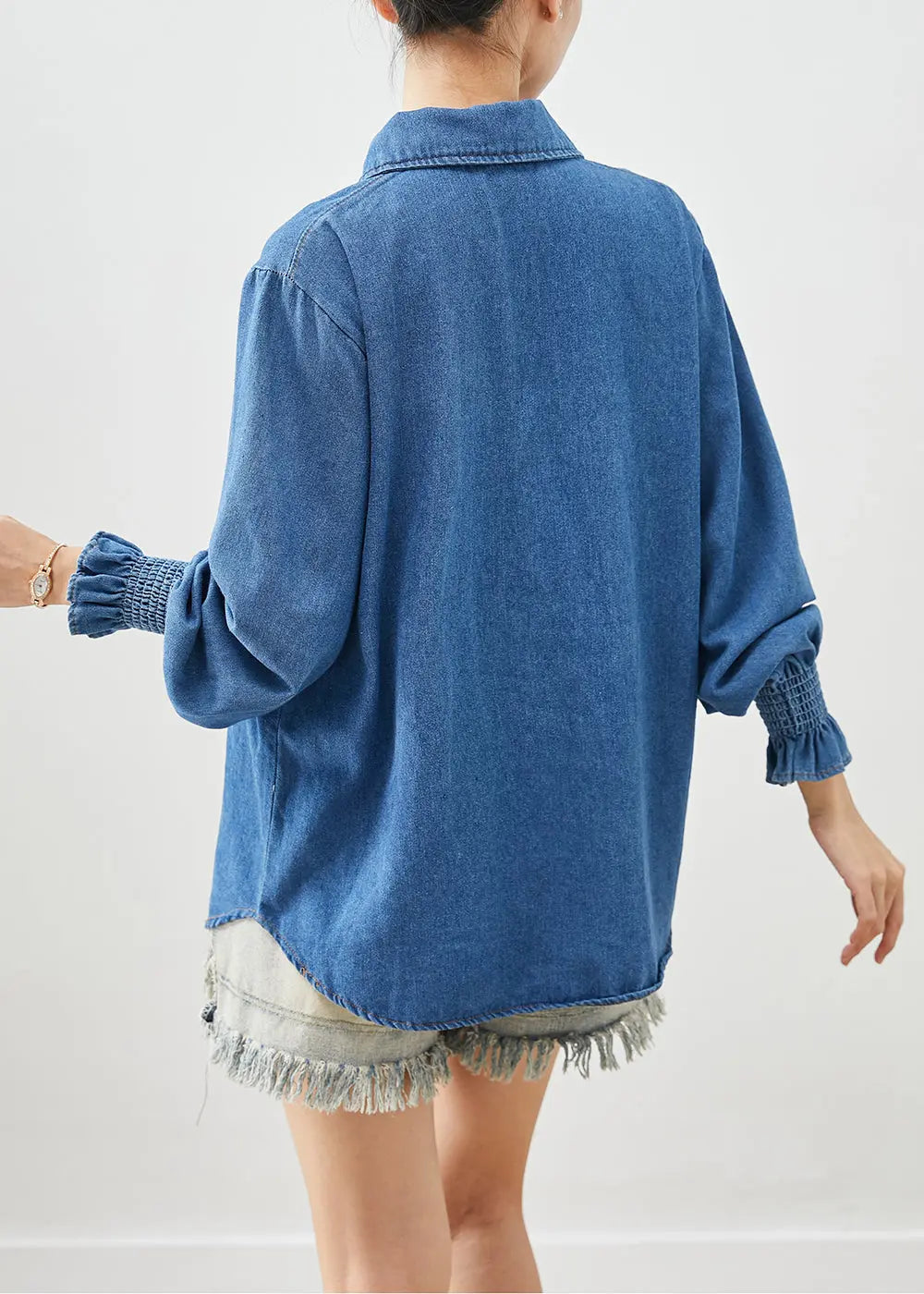 Classy Denim Blue Oversized Cotton Shirt Lantern Sleeve Ada Fashion