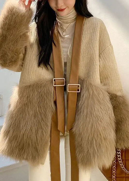Classy Khaki V Neck Fuzzy Fur Fluffy Patchwork Leather And Fur Coat Long Sleeve Ada Fashion