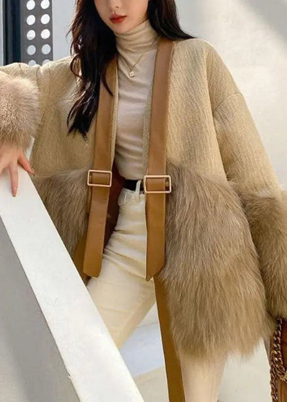 Classy Khaki V Neck Fuzzy Fur Fluffy Patchwork Leather And Fur Coat Long Sleeve Ada Fashion