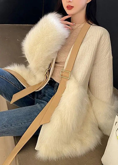 Classy Khaki V Neck Fuzzy Fur Fluffy Patchwork Leather And Fur Coat Long Sleeve Ada Fashion