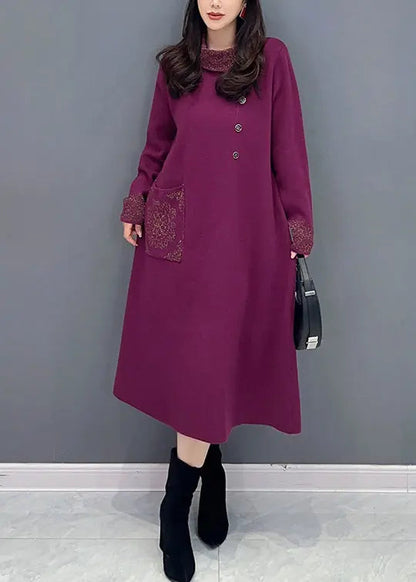 Classy Purple Hign Neck Pockets Patchwork Knit Long Dresses Fall Ada Fashion