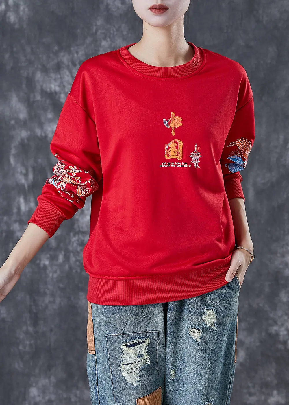 Classy Red Oversized Chinese Print Cotton Sweatshirt Fall Ada Fashion