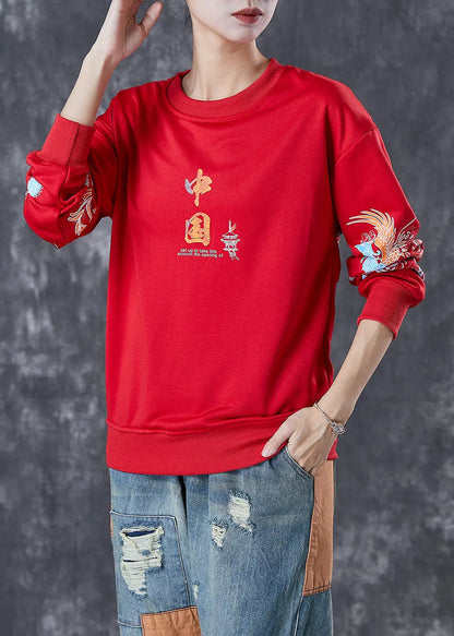 Classy Red Oversized Chinese Print Cotton Sweatshirt Fall Ada Fashion