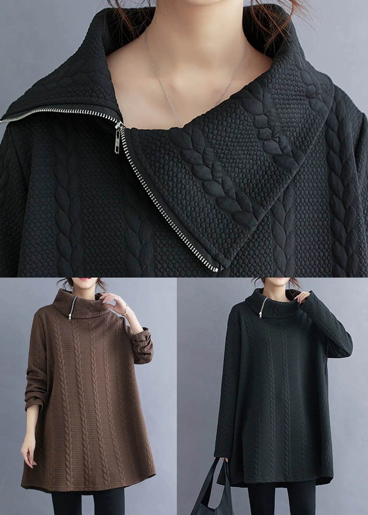 Coffee Asymmetrical Zip Up Cotton Top Turtleneck Winter Ada Fashion