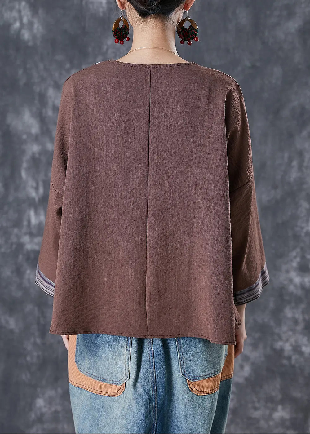 Coffee Patchwork Cotton Blouse Top V Neck Fall Ada Fashion