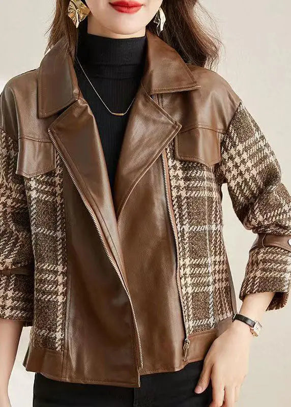 Coffee Patchwork Faux Leather Jackets Peter Pan Collar Zippered Fall Ada Fashion