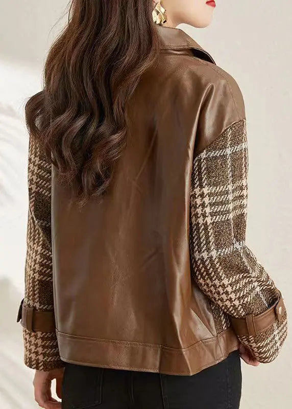 Coffee Patchwork Faux Leather Jackets Peter Pan Collar Zippered Fall Ada Fashion