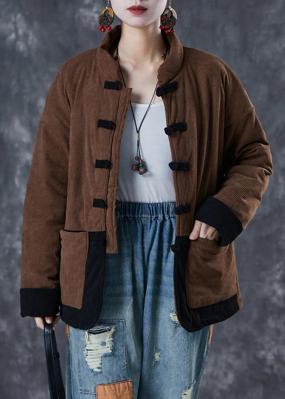 Coffee Patchwork Fine Cotton Filled Parka Oversized Chinese Button Winter Ada Fashion