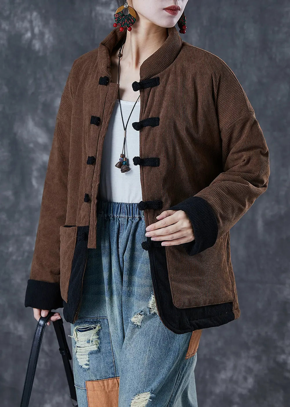 Coffee Patchwork Fine Cotton Filled Parka Oversized Chinese Button Winter Ada Fashion