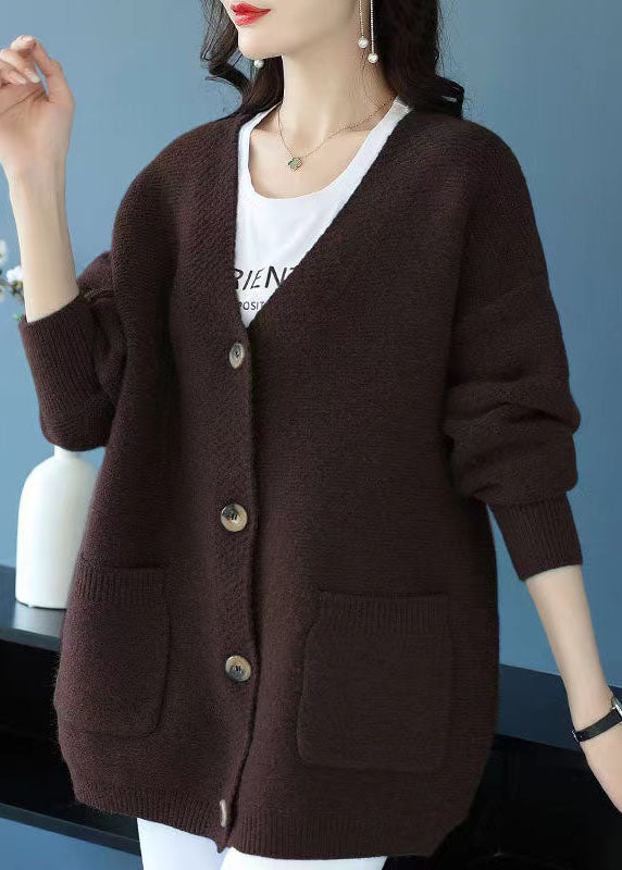 Coffee Pockets Patchwork Cashmere Cardigans V Neck Button Fall Ada Fashion