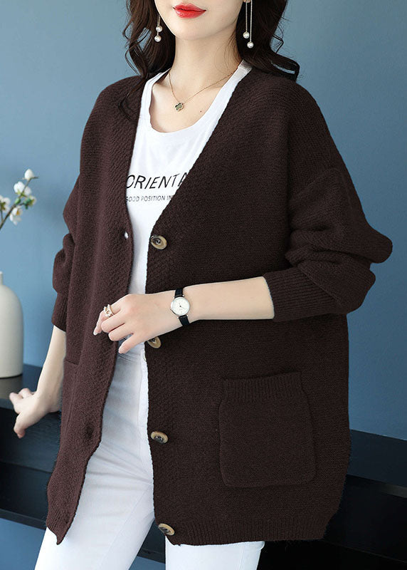 Coffee Pockets Patchwork Cashmere Cardigans V Neck Button Fall Ada Fashion