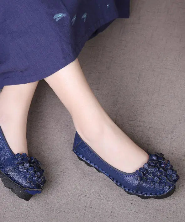 Comfortable Floral Splicing Flat Shoes Blue Cowhide Leather Ada Fashion