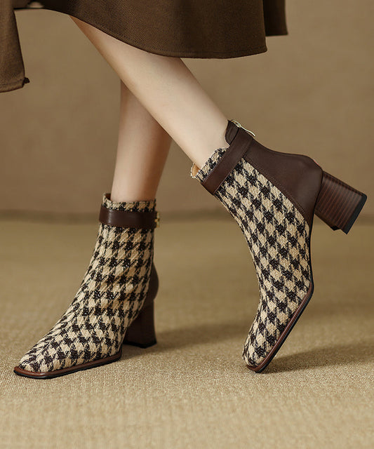 French Brown Plaid Splicing Chunky Boots